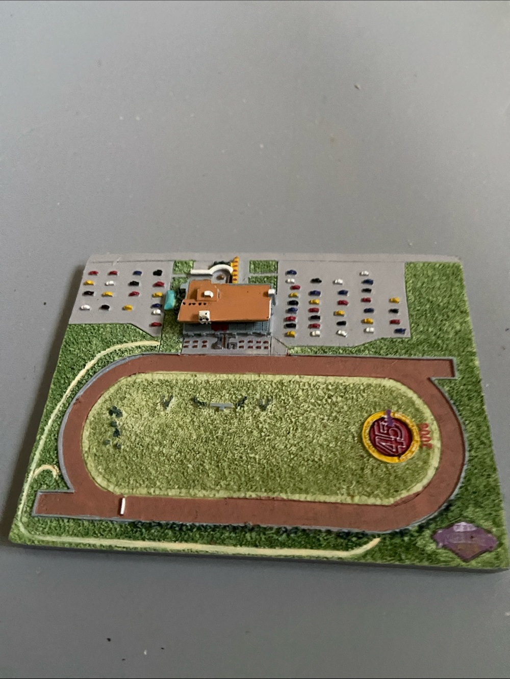 Miniature Racetrack Display with Parking Lot. No chips or cracks. Perfect